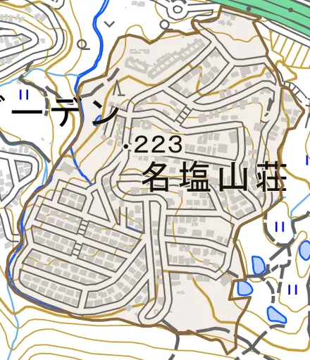 名塩山荘とその周辺の地図。町の範囲を重ねている