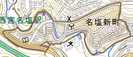 名塩新町とその周辺の地図。町の範囲を重ねている