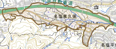 名塩東久保とその周辺の地図。町の範囲を重ねている