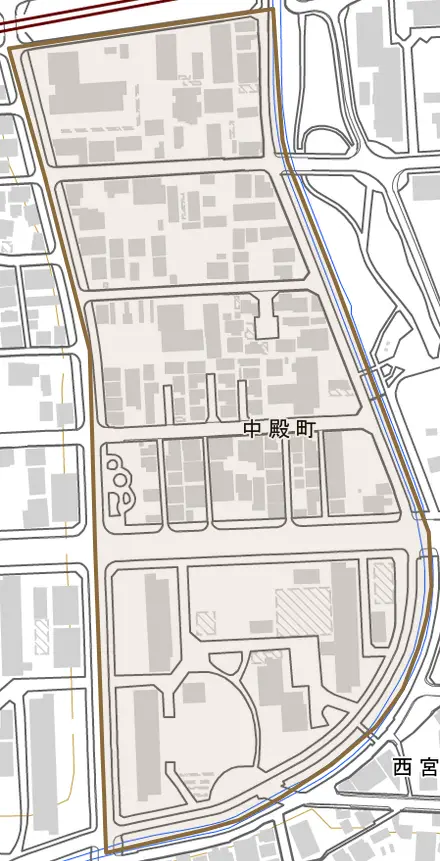 中殿町とその周辺の地図。町の範囲を重ねている
