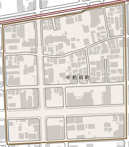 中前田町とその周辺の地図。町の範囲を重ねている