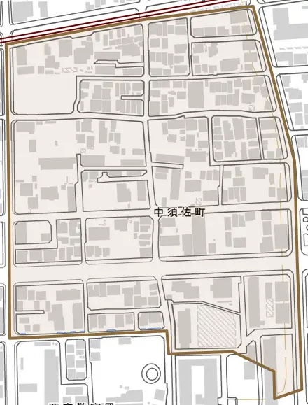 中須佐町とその周辺の地図。町の範囲を重ねている