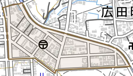 中屋町とその周辺の地図。町の範囲を重ねている