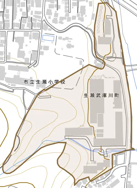 生瀬武庫川町とその周辺の地図。町の範囲を重ねている