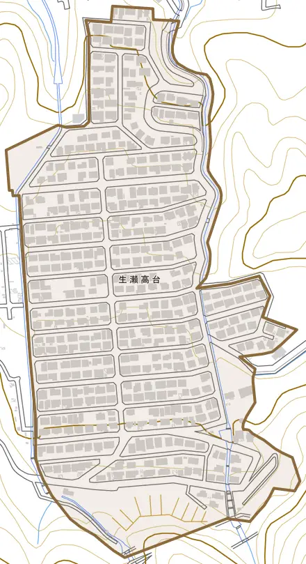 生瀬高台とその周辺の地図。町の範囲を重ねている