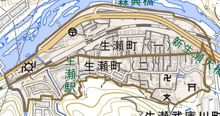 生瀬町とその周辺の地図。町の範囲を重ねている