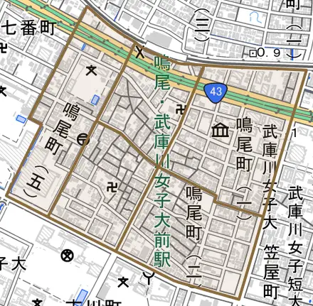 鳴尾町とその周辺の地図。町の範囲を重ねている