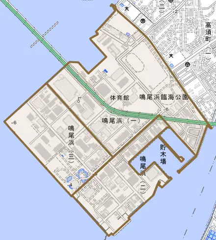 鳴尾浜とその周辺の地図。町の範囲を重ねている