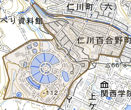 仁川百合野町とその周辺の地図。町の範囲を重ねている