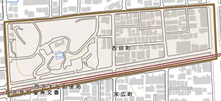 西田町とその周辺の地図。町の範囲を重ねている