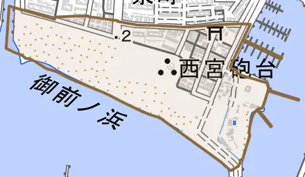 西波止町とその周辺の地図。町の範囲を重ねている