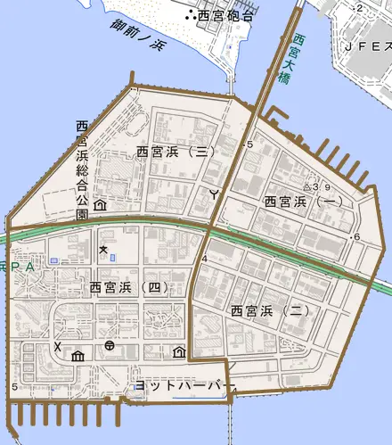 西宮浜とその周辺の地図。町の範囲を重ねている