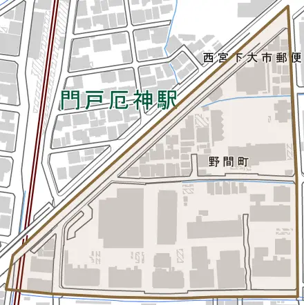 野間町とその周辺の地図。町の範囲を重ねている