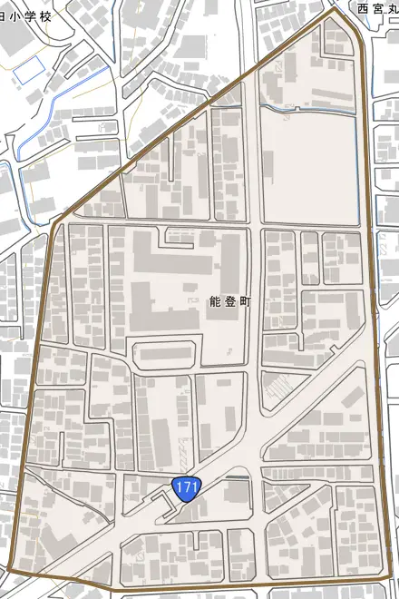 能登町とその周辺の地図。町の範囲を重ねている