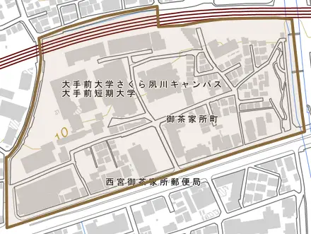 御茶家所町とその周辺の地図。町の範囲を重ねている