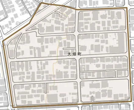 大畑町とその周辺の地図。町の範囲を重ねている