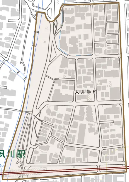 大井手町とその周辺の地図。町の範囲を重ねている