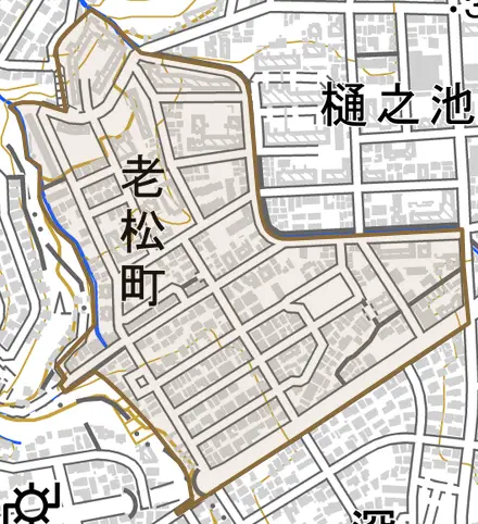 老松町とその周辺の地図。町の範囲を重ねている