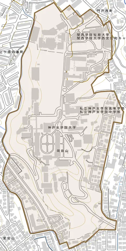 岡田山とその周辺の地図。町の範囲を重ねている