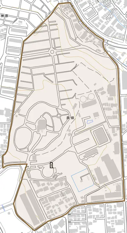 奥畑とその周辺の地図。町の範囲を重ねている
