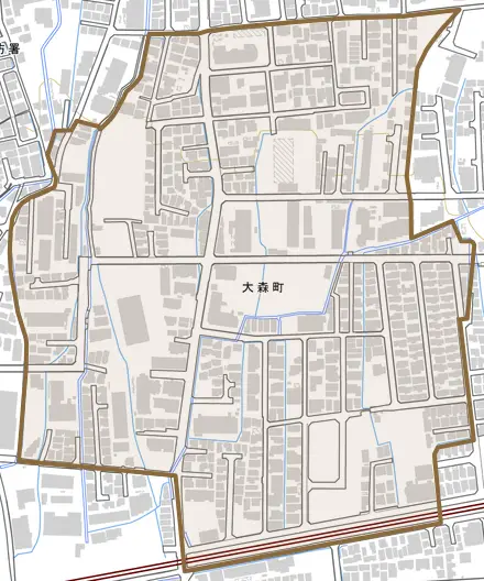 大森町とその周辺の地図。町の範囲を重ねている