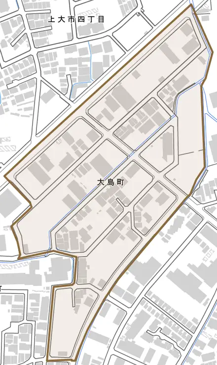 大島町とその周辺の地図。町の範囲を重ねている
