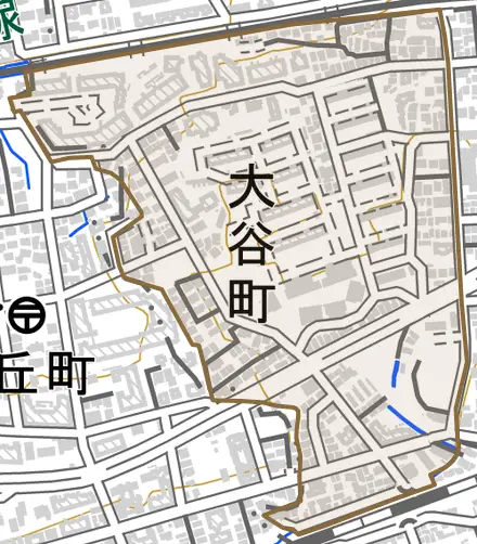 大谷町とその周辺の地図。町の範囲を重ねている