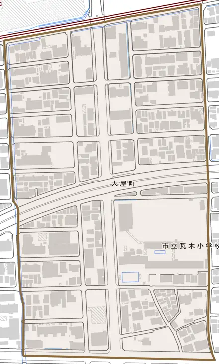 大屋町とその周辺の地図。町の範囲を重ねている