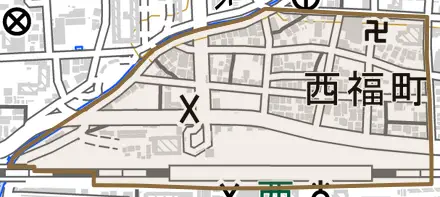 西福町とその周辺の地図。町の範囲を重ねている