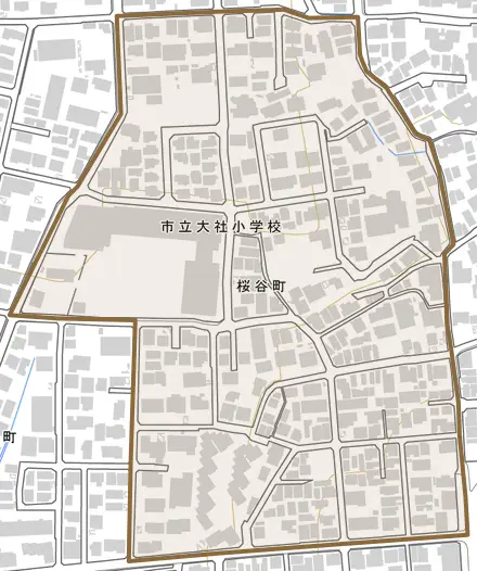 桜谷町とその周辺の地図。町の範囲を重ねている