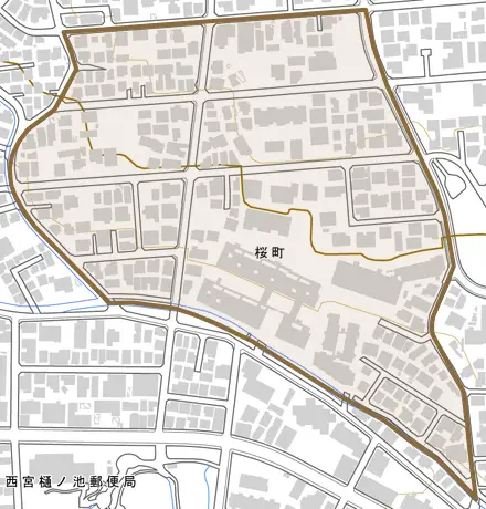 桜町とその周辺の地図。町の範囲を重ねている