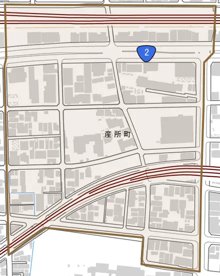 産所町とその周辺の地図。町の範囲を重ねている