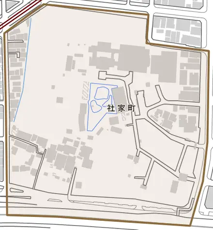 社家町とその周辺の地図。町の範囲を重ねている