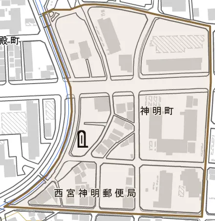 神明町とその周辺の地図。町の範囲を重ねている