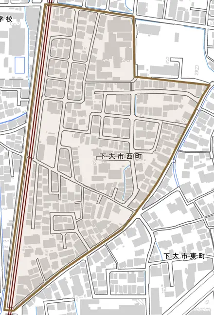 下大市西町とその周辺の地図。町の範囲を重ねている