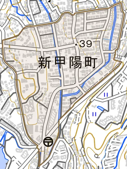 新甲陽町とその周辺の地図。町の範囲を重ねている