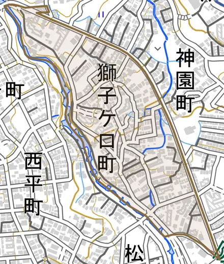 獅子ケ口町とその周辺の地図。町の範囲を重ねている