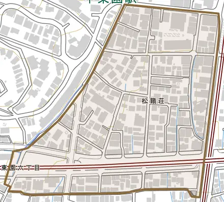 松籟荘とその周辺の地図。町の範囲を重ねている
