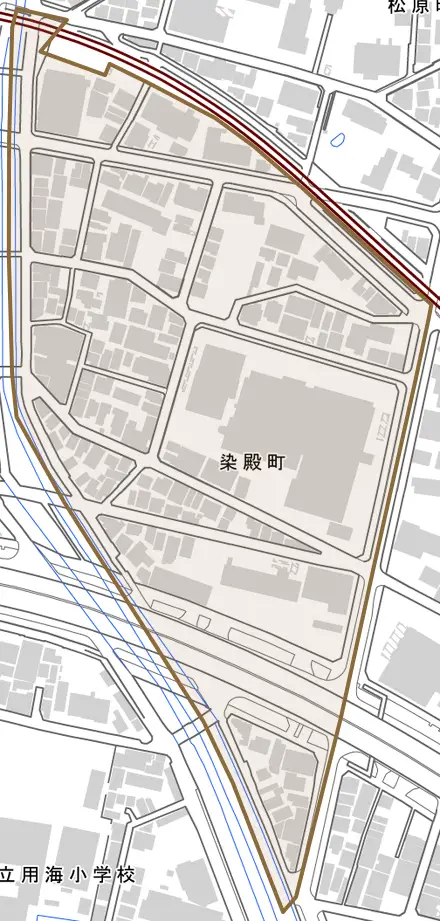 染殿町とその周辺の地図。町の範囲を重ねている