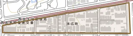 末広町とその周辺の地図。町の範囲を重ねている