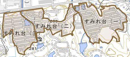 すみれ台とその周辺の地図。町の範囲を重ねている