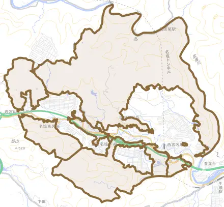 塩瀬町名塩とその周辺の地図。町の範囲を重ねている
