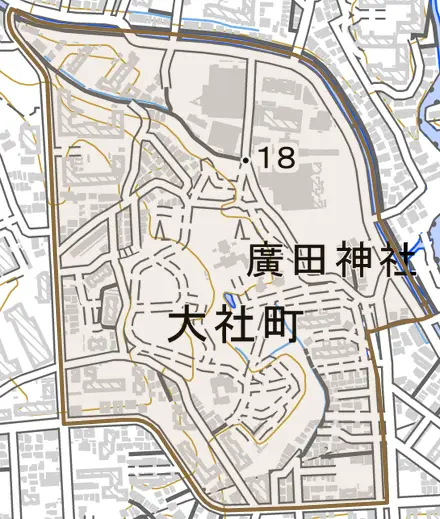 大社町とその周辺の地図。町の範囲を重ねている