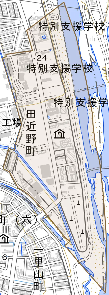 田近野町とその周辺の地図。町の範囲を重ねている
