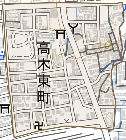高木東町とその周辺の地図。町の範囲を重ねている
