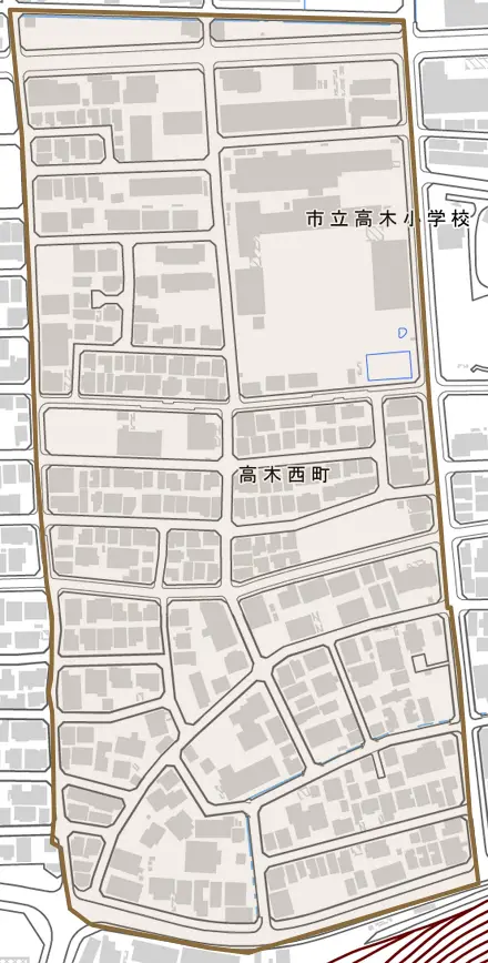 高木西町とその周辺の地図。町の範囲を重ねている