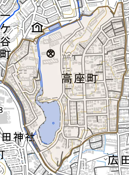 高座町とその周辺の地図。町の範囲を重ねている
