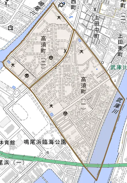 高須町とその周辺の地図。町の範囲を重ねている