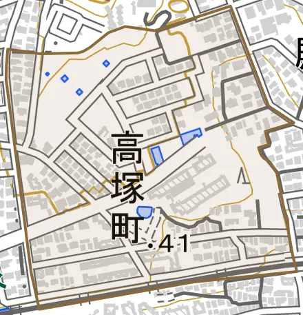 高塚町とその周辺の地図。町の範囲を重ねている