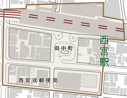 田中町とその周辺の地図。町の範囲を重ねている
